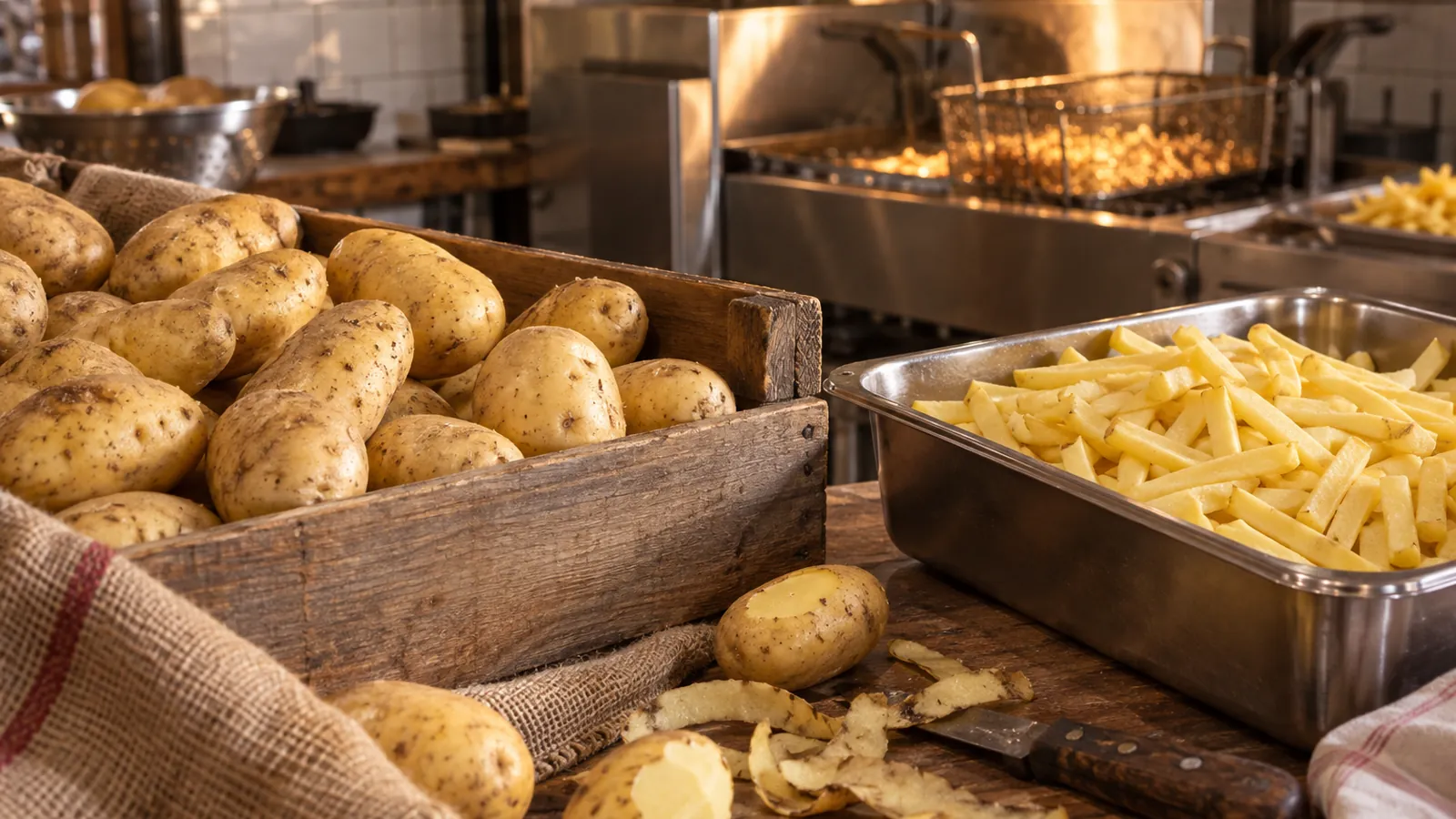 Caisse de pommes de terre Bintje et bâtonnets taillés dans une friterie du Nord