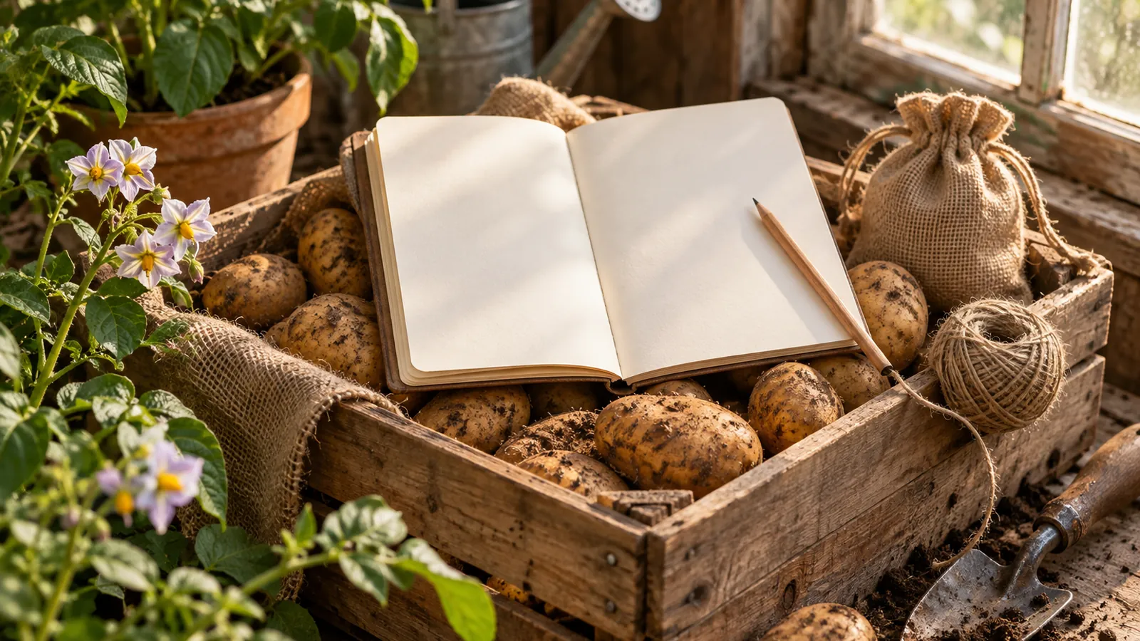 Carnet de jardinier ouvert posé sur une caisse de pommes de terre, symbole du blog pomme de terre