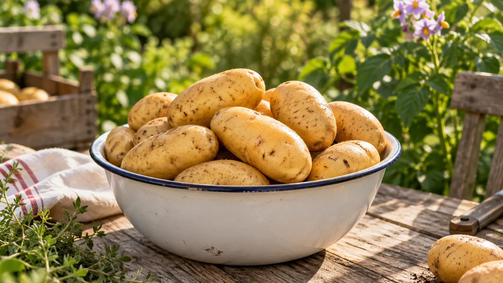 Bol en émail rempli de pomme de terre Charlotte à peau jaune lisse