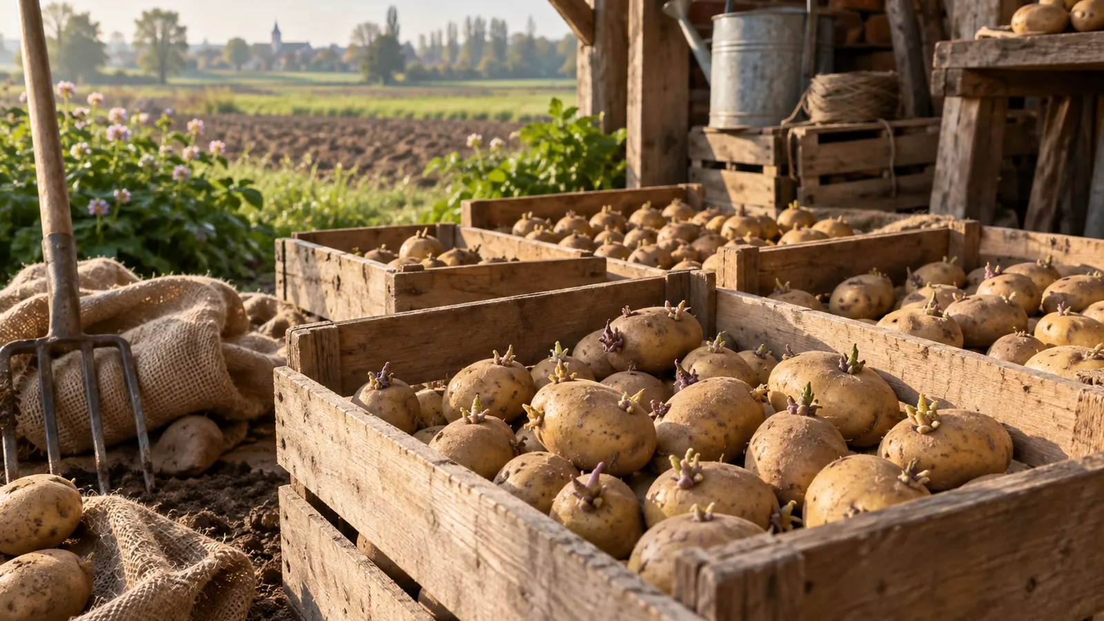 Plants de pommes de terre certifiés de calibre régulier dans des cagettes sous un hangar agricole de l’Artois