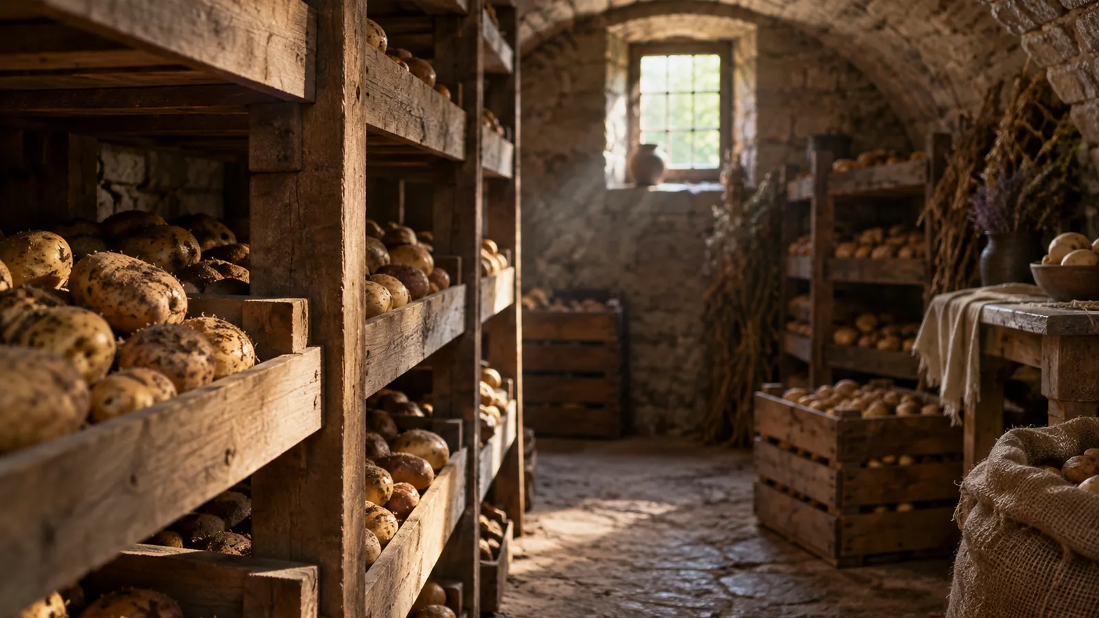Conserver les pommes de terre dans une cave voûtée en pierre, tubercules rangés sur des clayettes en bois