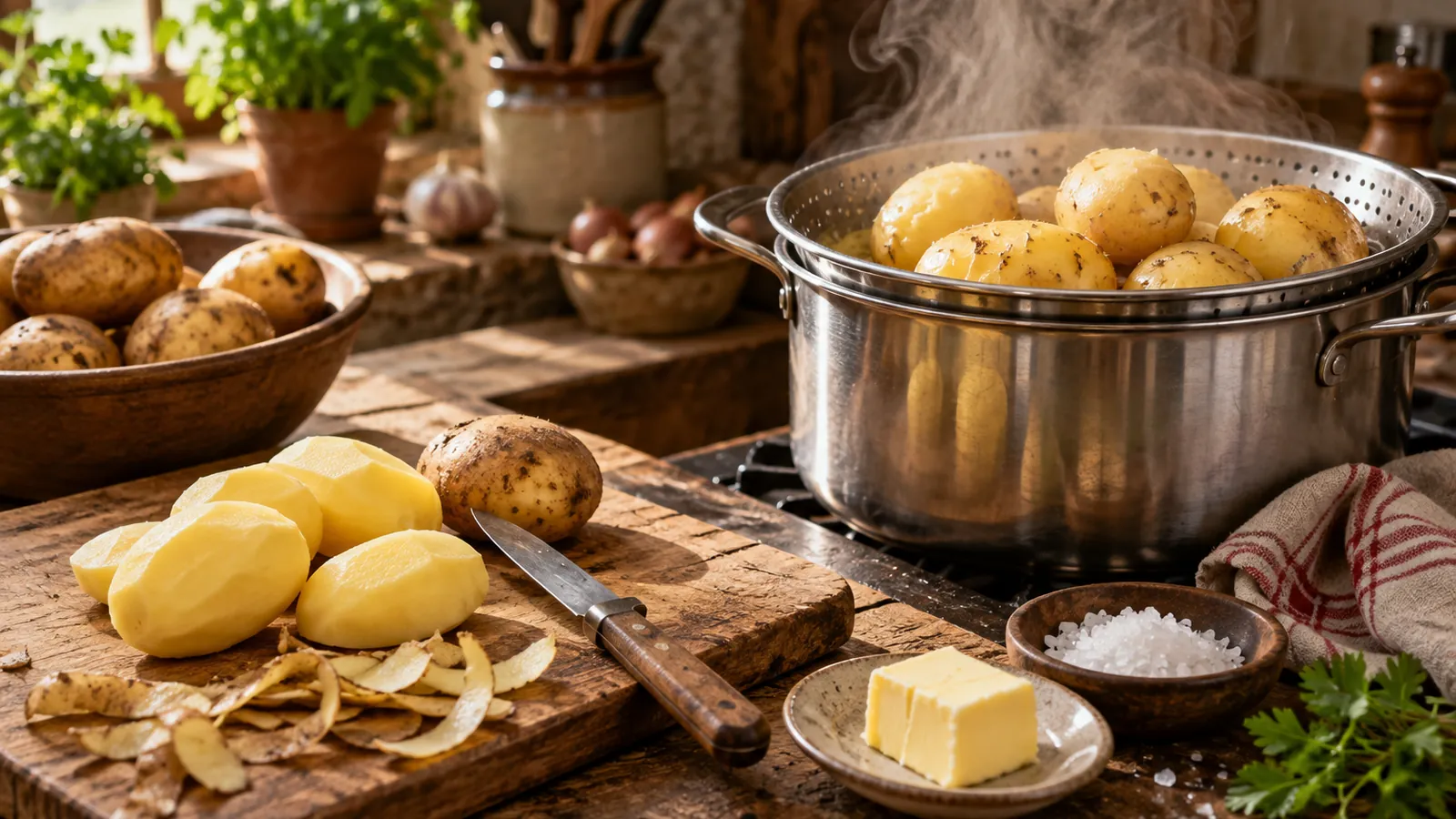 Cuisson de la pomme de terre à la vapeur : casserole de pommes de terre fumantes avec beurre et gros sel