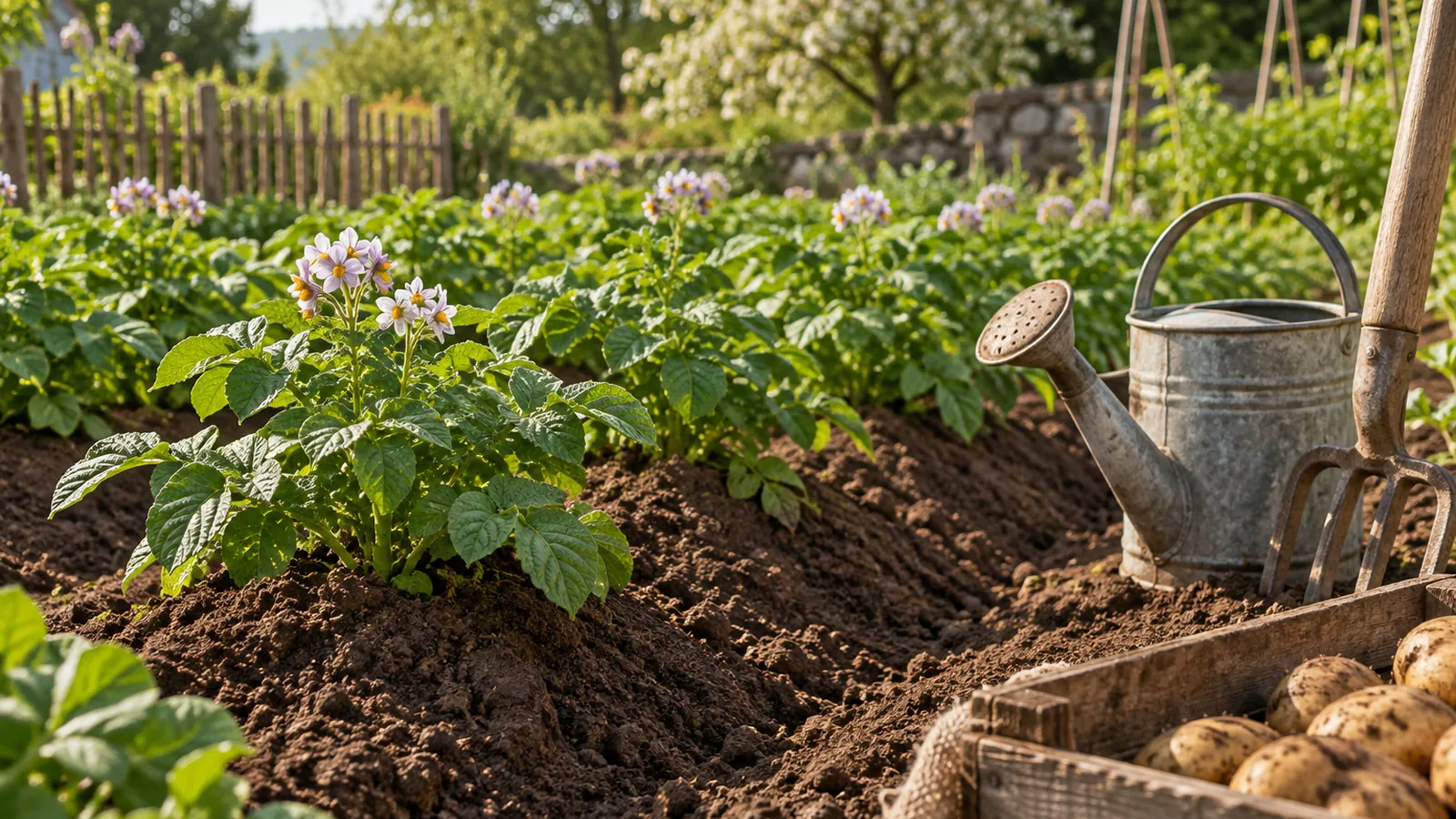 Potager familial en mai pour cultiver la pomme de terre : rangs buttés et arrosoir en zinc