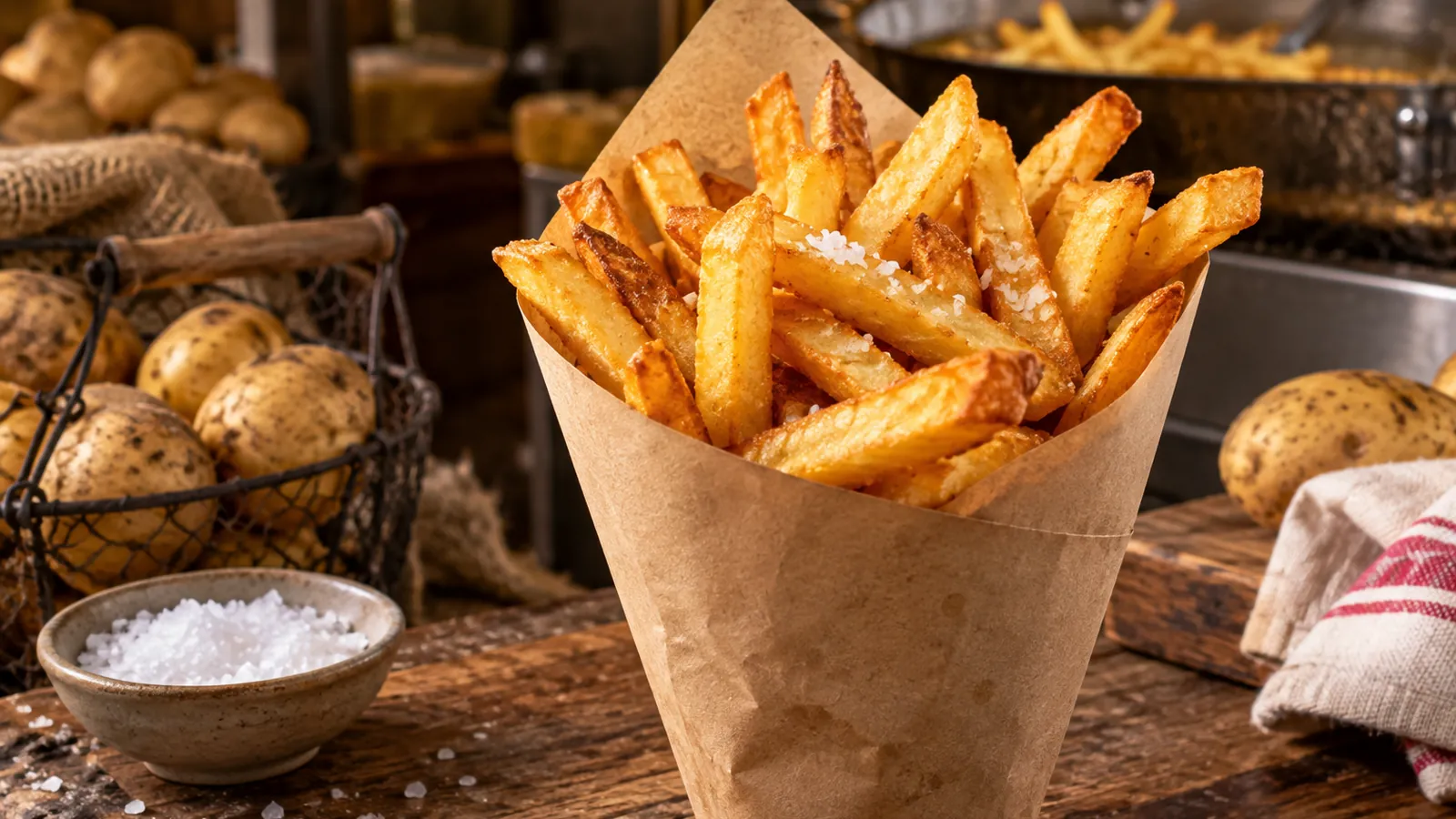 Frites maison dorées et croustillantes servies dans un cornet de papier kraft vierge
