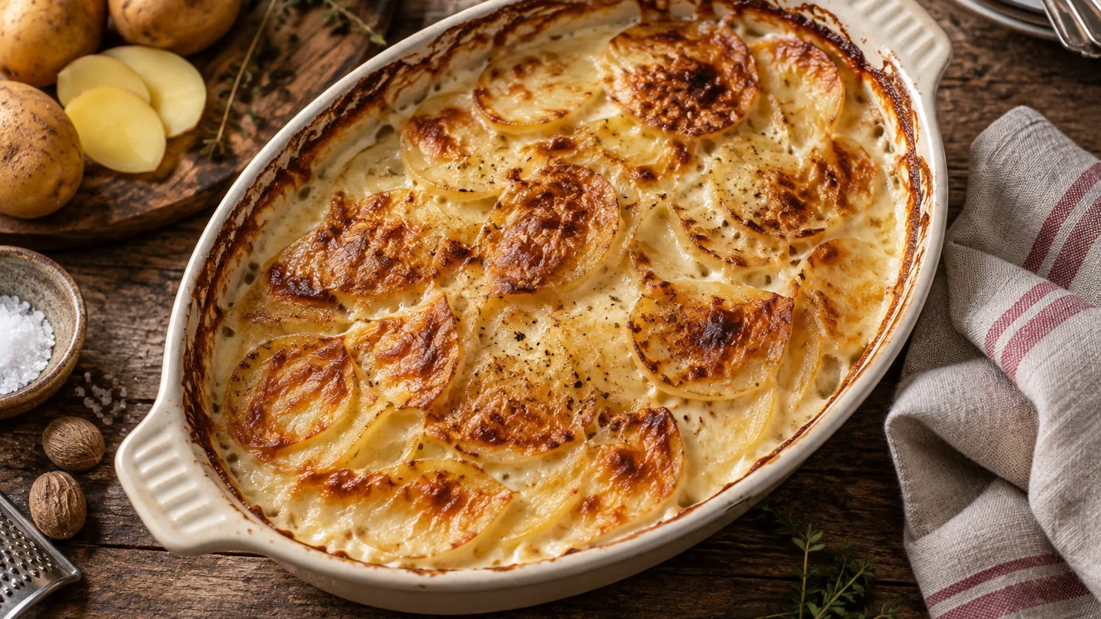 Gratin dauphinois doré sorti du four dans un plat ovale en porcelaine