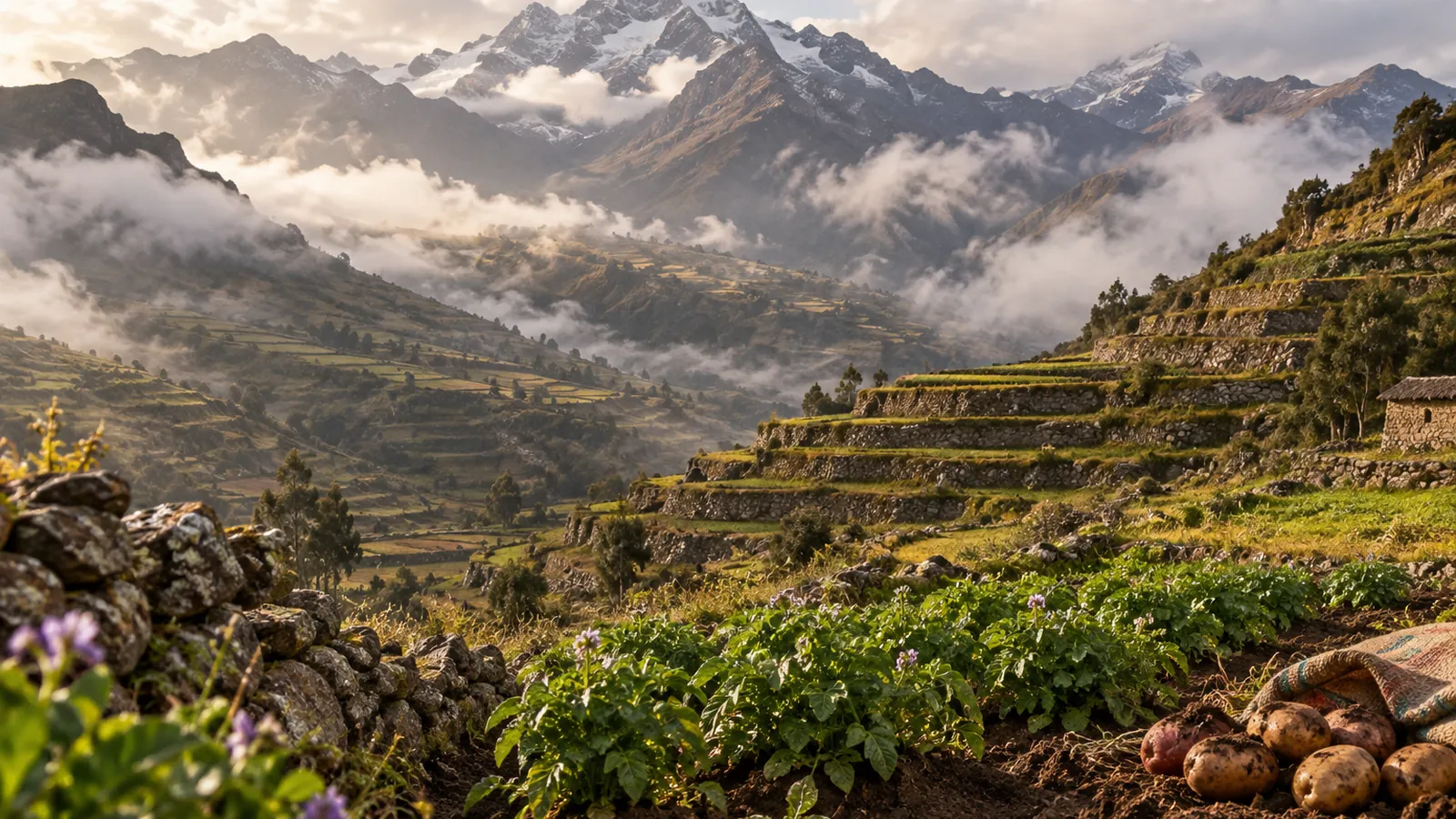 Paysage andin d’altitude avec terrasses cultivées dans la brume, berceau de l’histoire de la pomme de terre