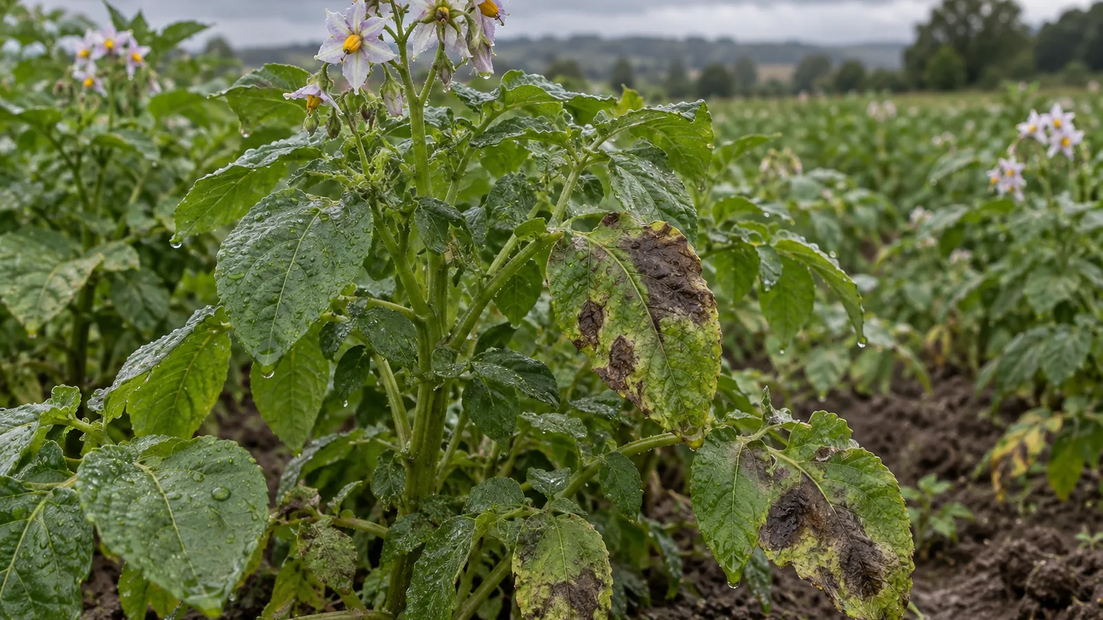 Mildiou de la pomme de terre : feuillage mouillé après la pluie couvert de taches brunes