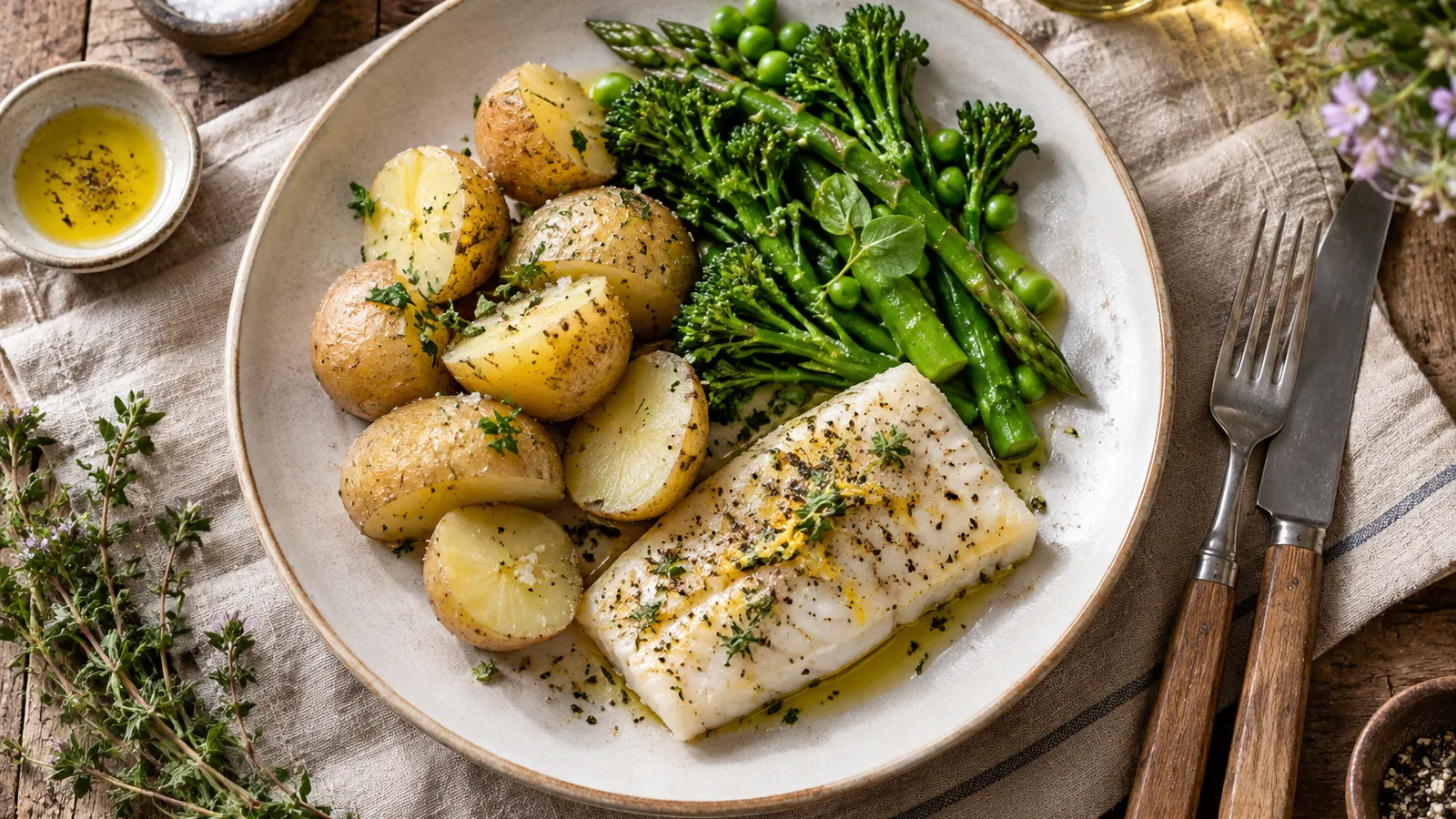 Assiette équilibrée vue du dessus avec pommes de terre vapeur dans leur peau, légumes verts et poisson, illustrant la nutrition de la pomme de terre