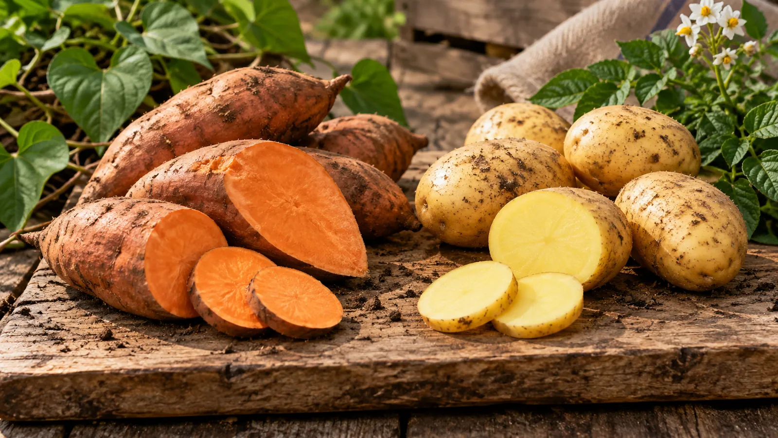 Patates douces orange et pommes de terre jaunes coupées sur une planche, pour comparer patate douce et pomme de terre