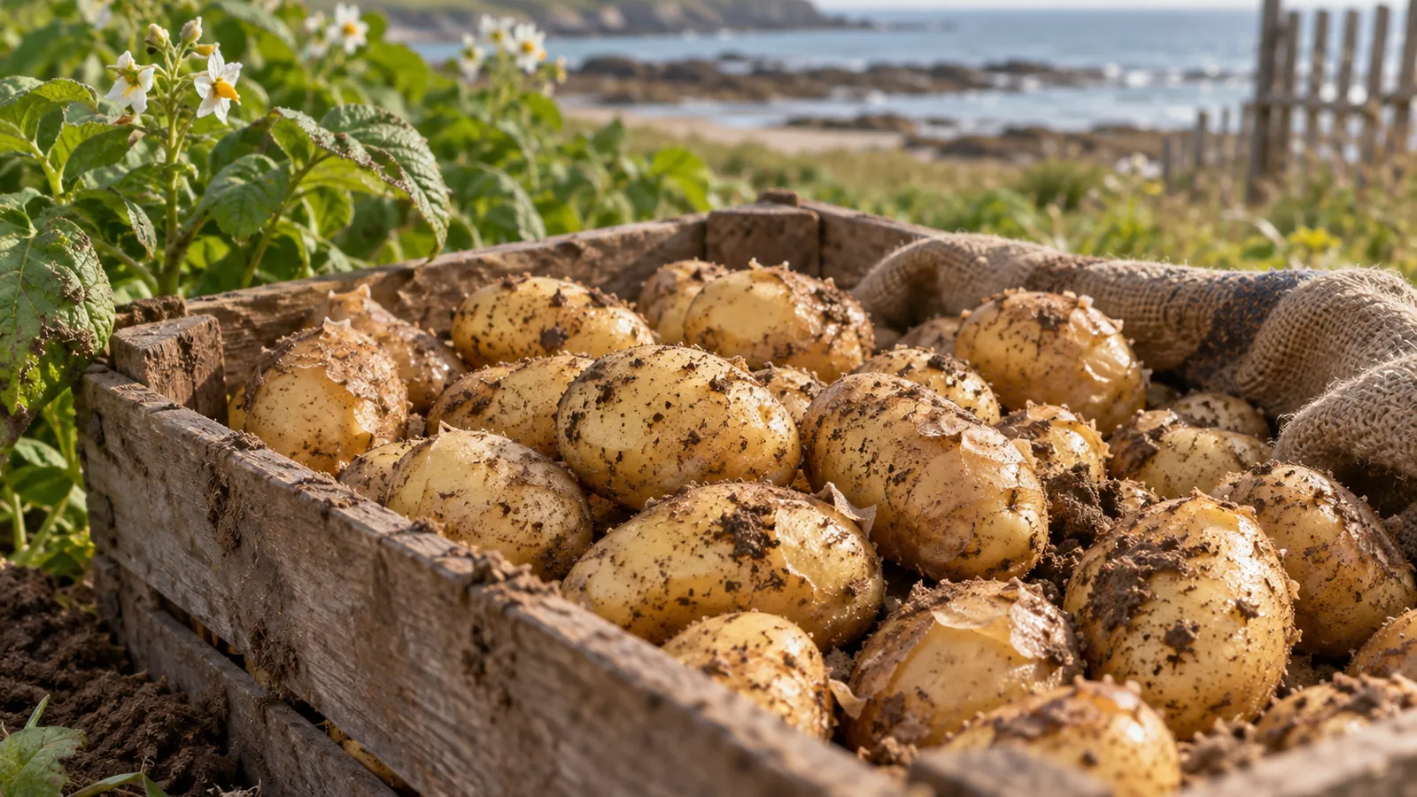 Pommes de terre primeurs à peau fine dans une cagette avec de la terre sableuse
