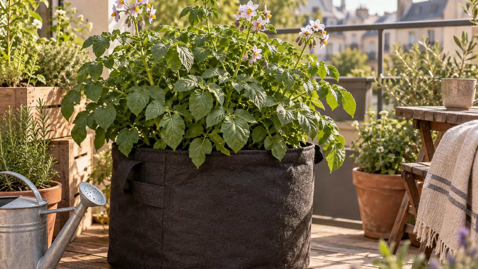 Pommes de terre en pot sur un balcon urbain : sac de culture géotextile aux fanes vertes en fleurs