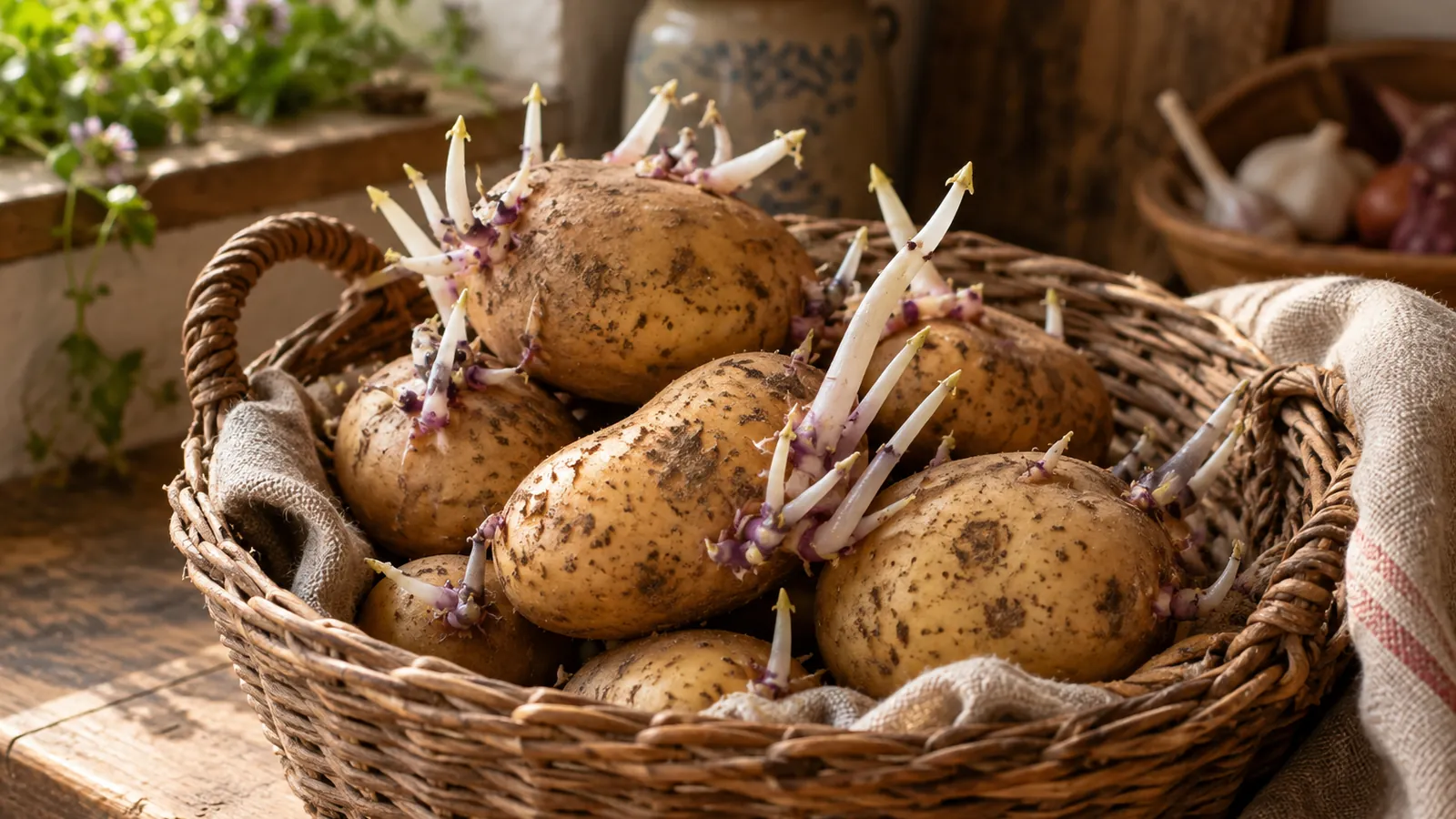 Pommes de terre germées avec de longs germes blancs et violets dans un panier