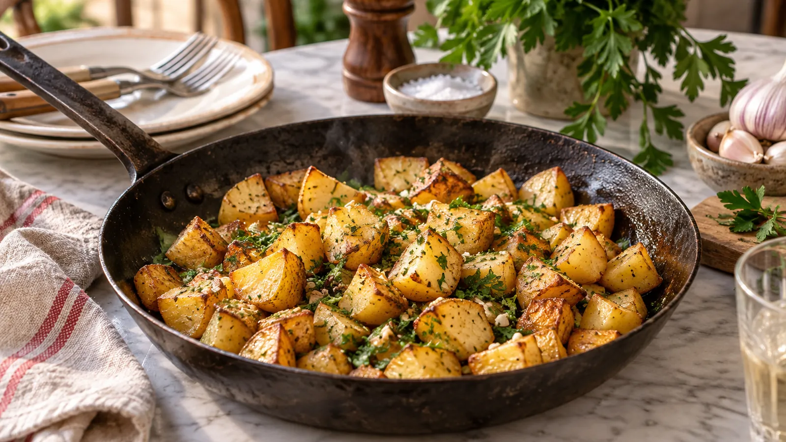 Poêle de pommes de terre sautées bien dorées à l'ail et au persil