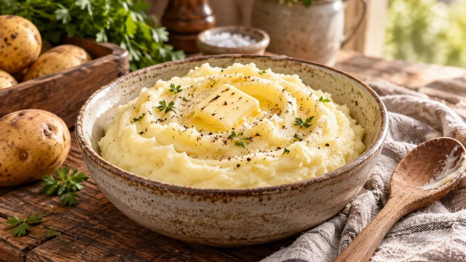 Purée maison onctueuse dans un bol en grès surmontée d’une noisette de beurre