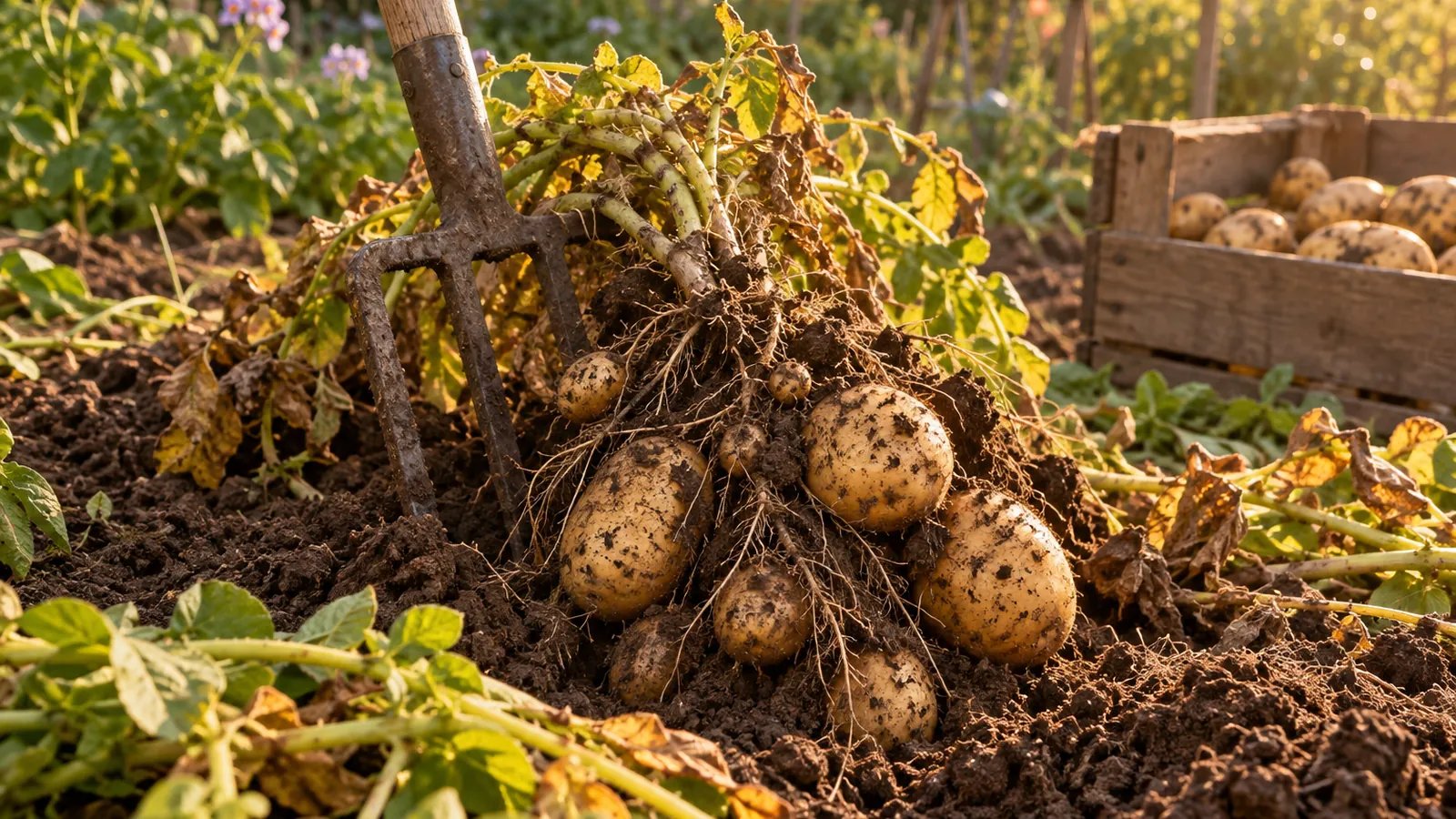 Fourche-bêche soulevant un pied au potager pour récolter les pommes de terre en septembre