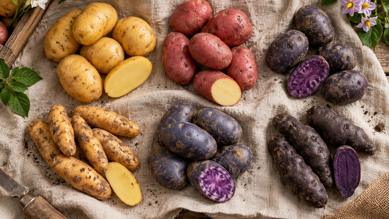 Alignement de variétés de pommes de terre de couleurs différentes sur un lin crème, vue du dessus