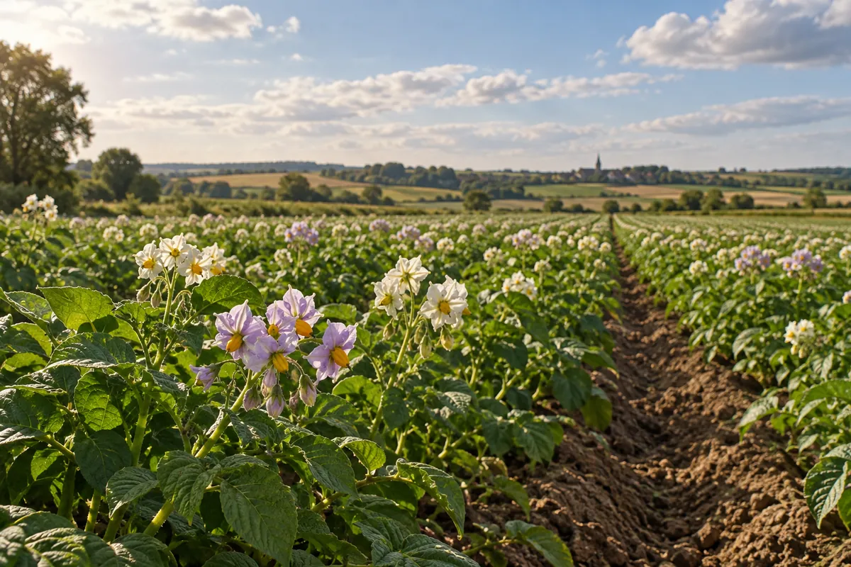Champ de pommes de terre en fleurs en plein été, rangs de fanes vertes couronnés de fleurs