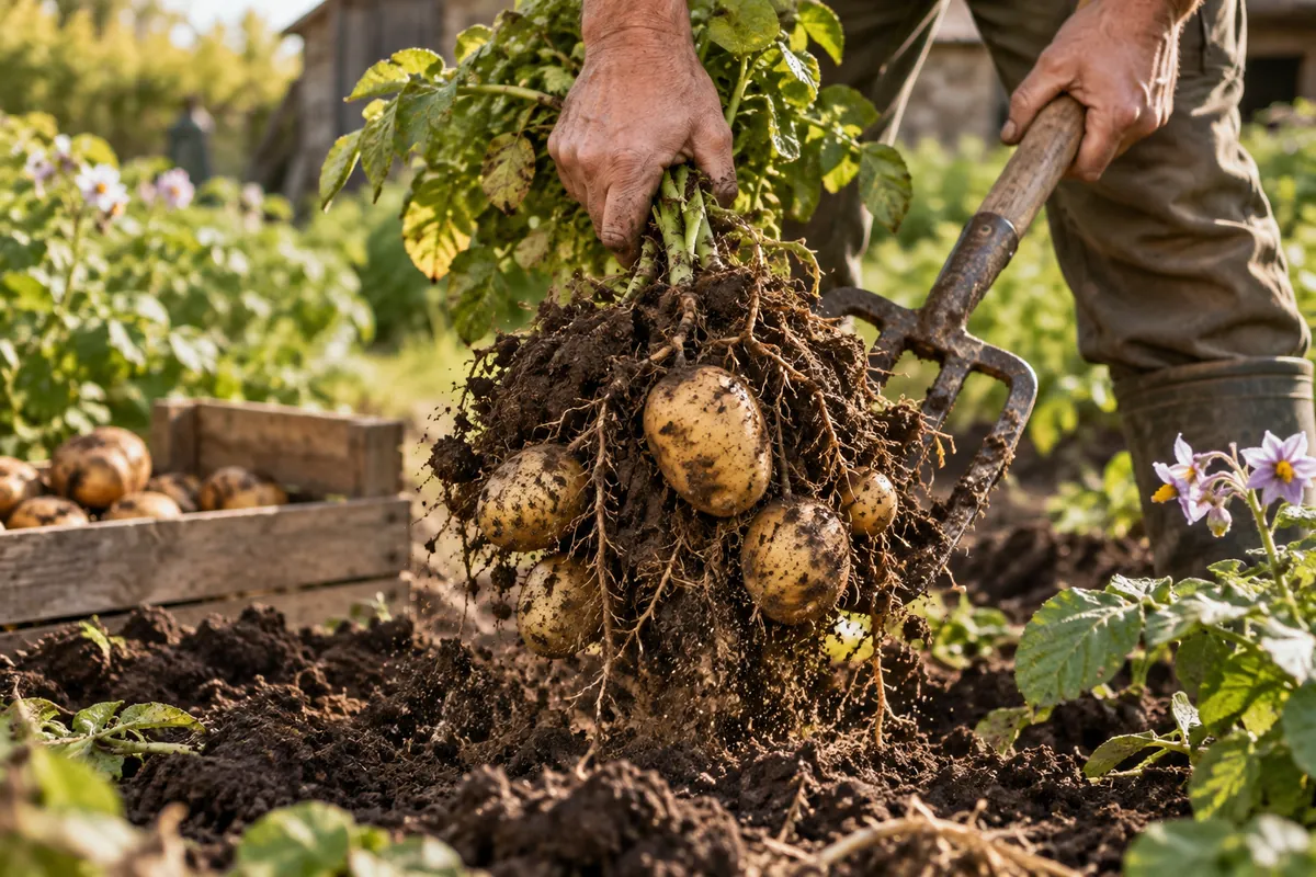 Récolte de pommes de terre au jardin : deux mains sortent un pied de pommes de terre de la terre avec une fourche-bêche