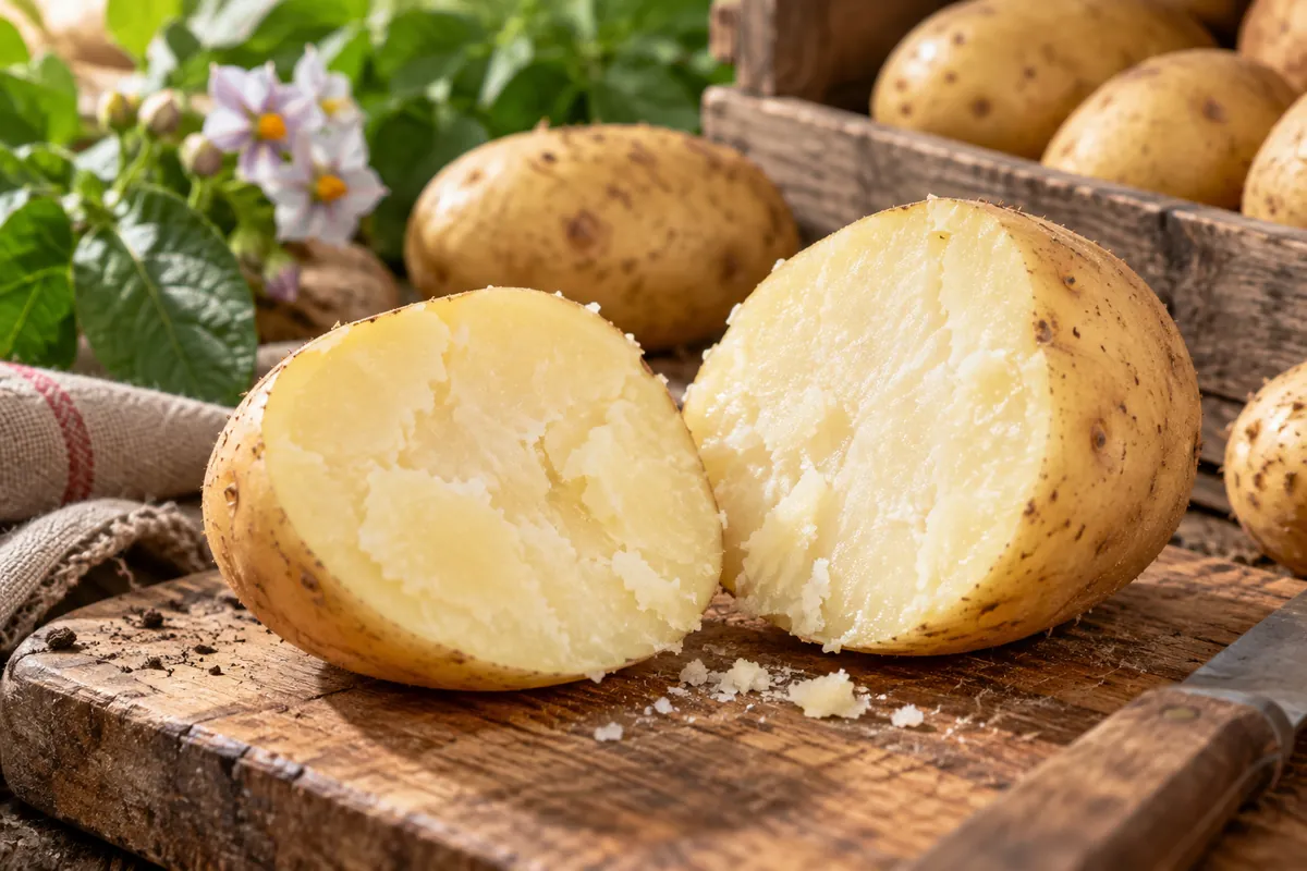 Pomme de terre Bintje coupée en deux montrant sa chair blanche farineuse