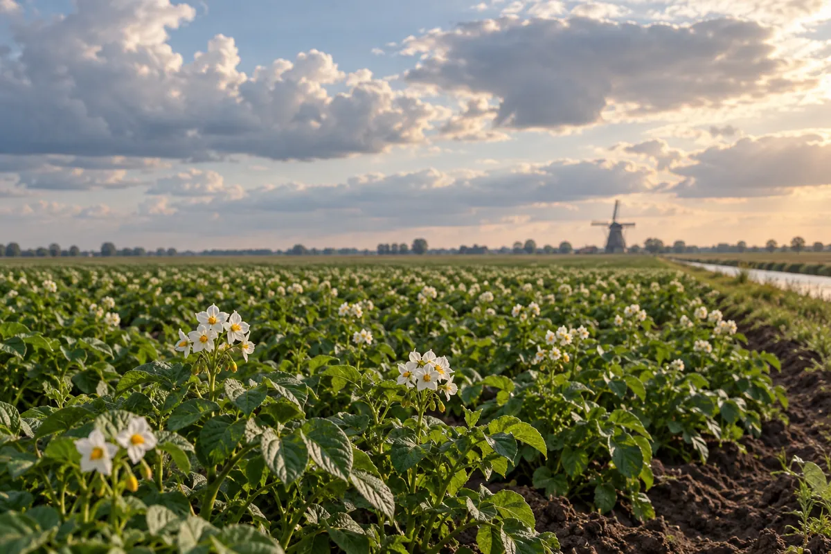 Champ de Bintje en fleurs dans les polders néerlandais sous un grand ciel