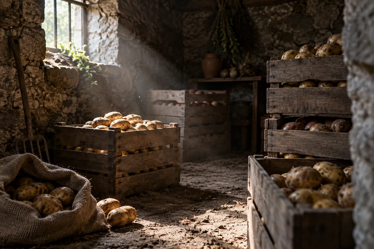 Cagettes de pommes de terre dans un cellier sombre traversé par un rayon de lumière, image du blog pomme de terre
