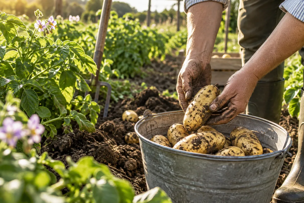 Récolte de pomme de terre Charlotte déposée dans un seau en zinc au potager