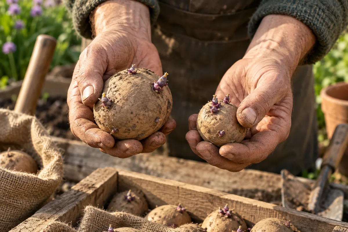 Mains comparant deux plants de pommes de terre de calibres différents