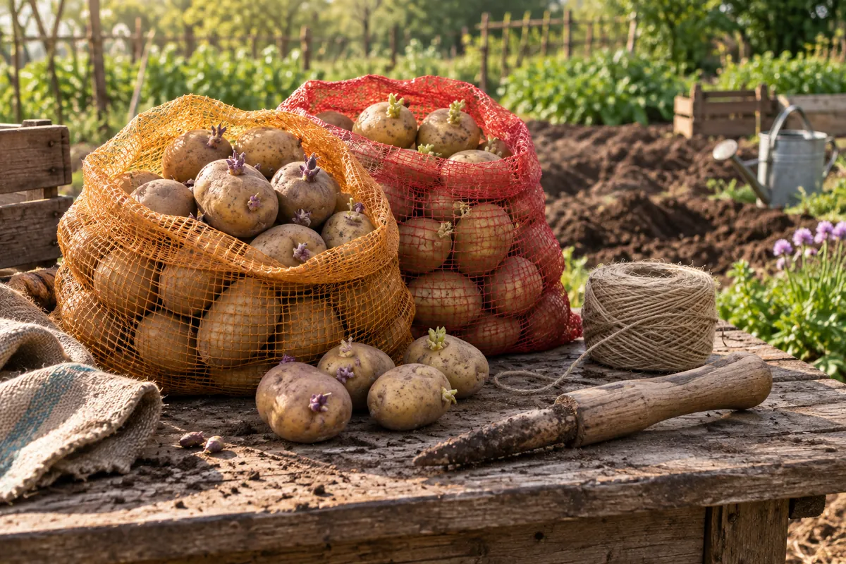 Filets de plants de pommes de terre sur un établi avec cordeau et plantoir