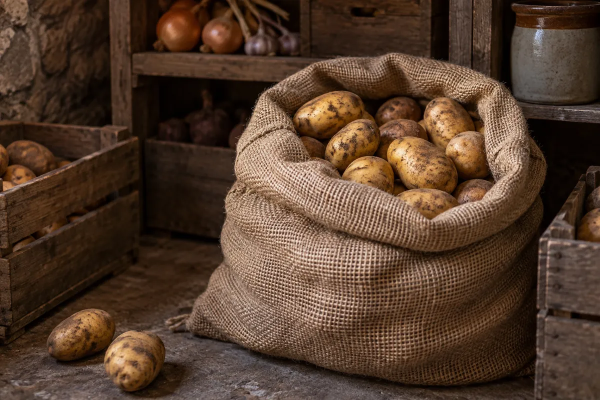 Conserver les pommes de terre dans un sac de jute entrouvert posé au sol d’un cellier
