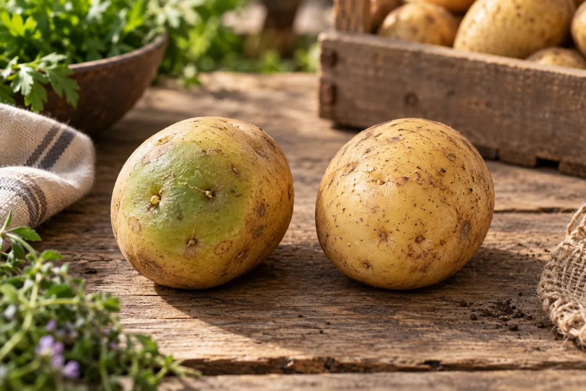 Pomme de terre verdie à côté d’une pomme de terre saine, erreur fréquente quand on veut conserver les pommes de terre à la lumière