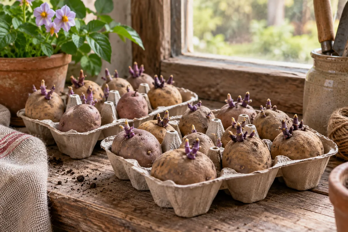 Plants en prégermination dans des boîtes à œufs avant de cultiver la pomme de terre