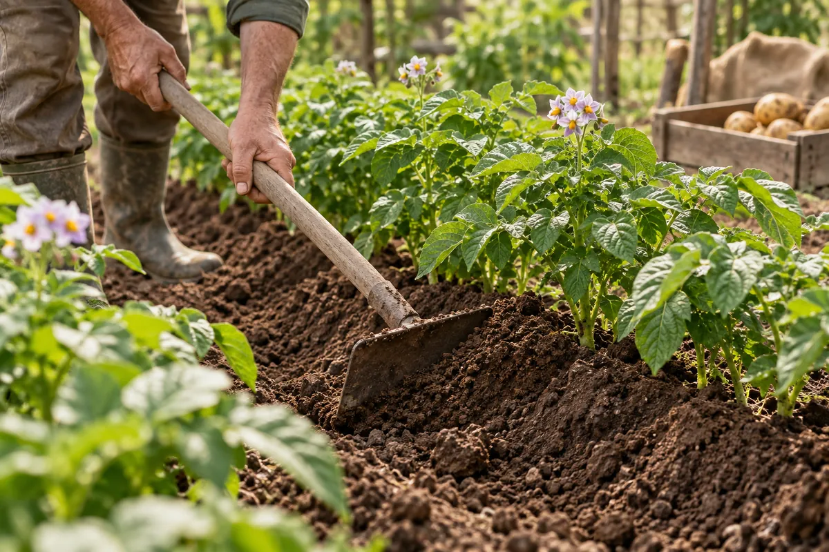 Main qui butte un rang à la binette pour cultiver la pomme de terre au potager