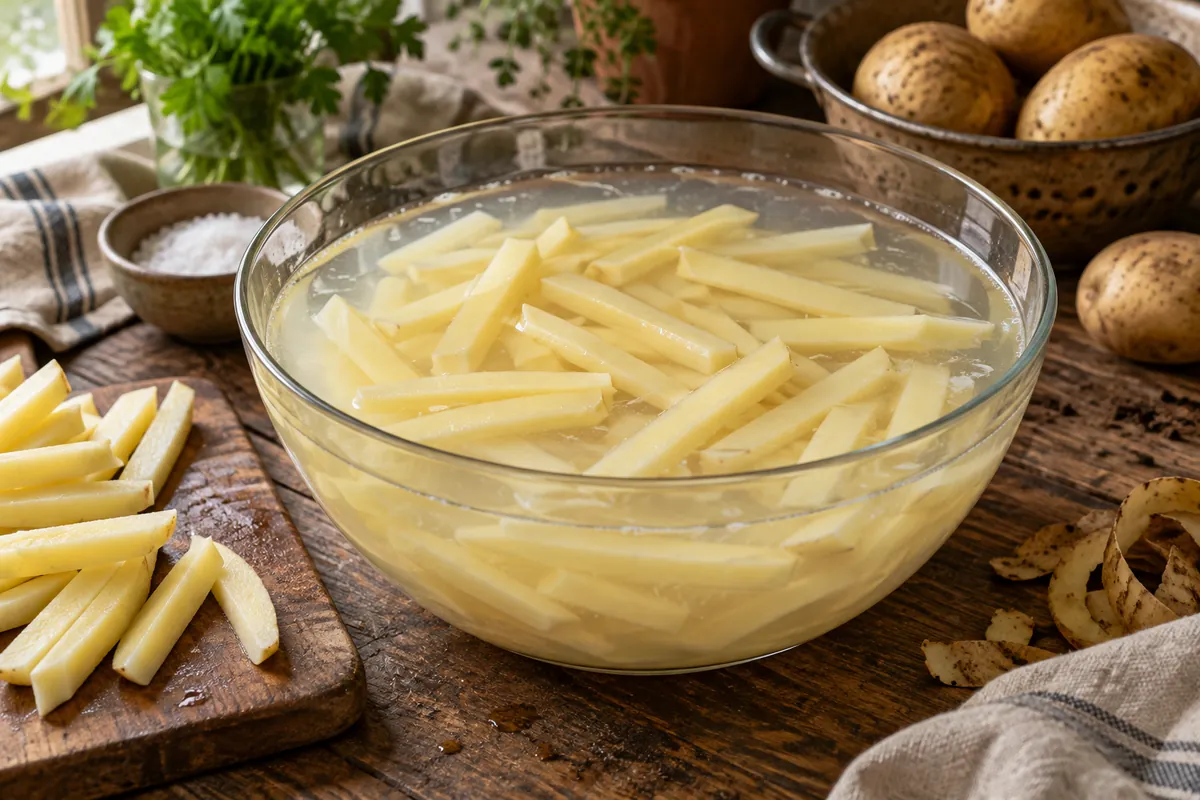Bâtonnets de pommes de terre crus qui trempent dans l’eau froide avant de faire des frites maison