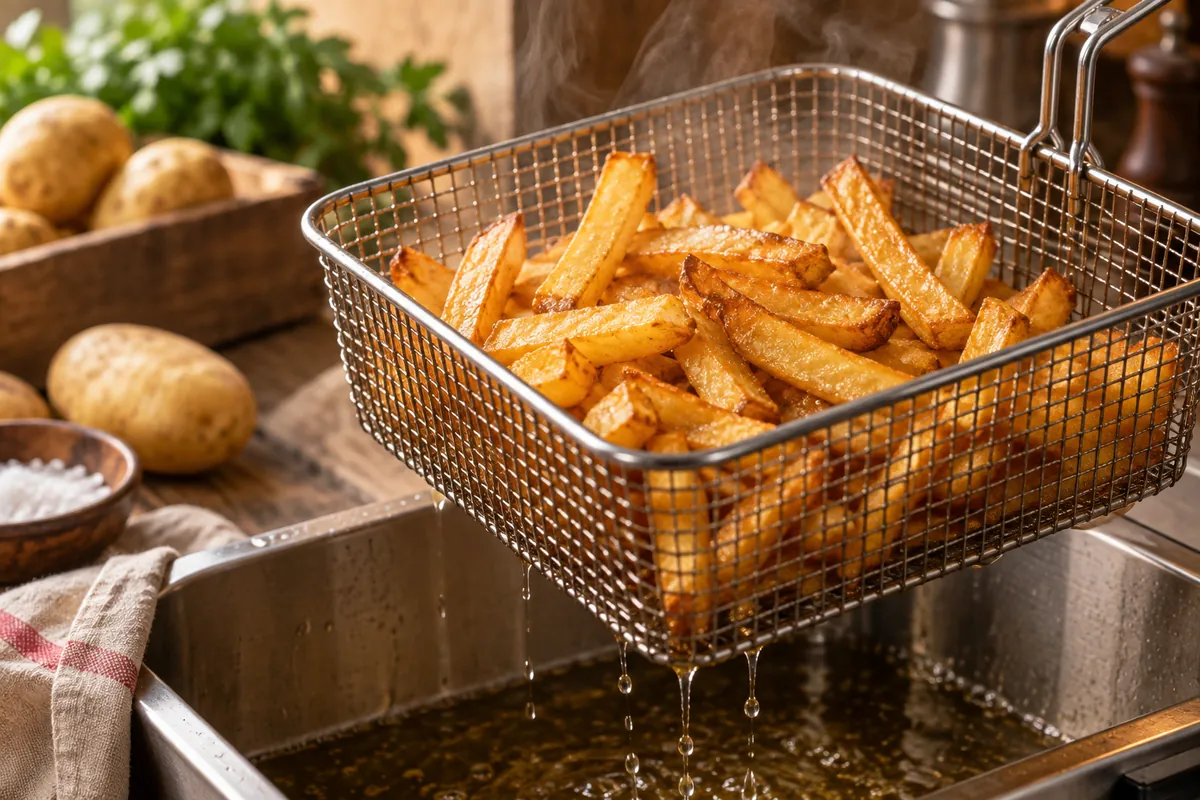 Frites maison dorées qui égouttent dans le panier de la friteuse