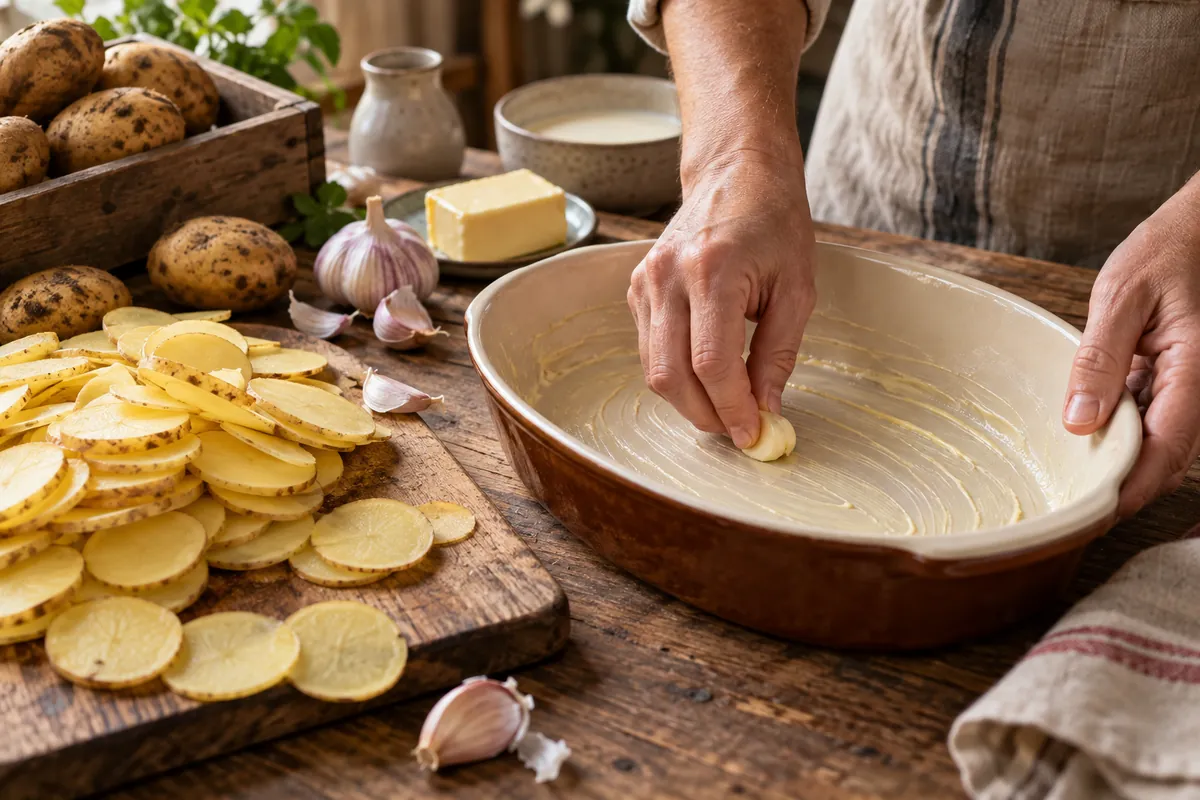 Gousse d’ail frottée dans le plat beurré avant de monter le gratin dauphinois