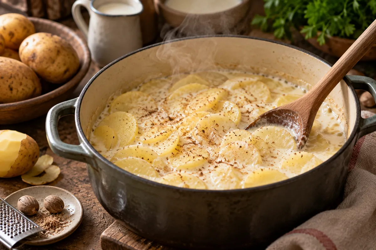 Rondelles de pommes de terre frémissant dans le lait et la crème du gratin dauphinois