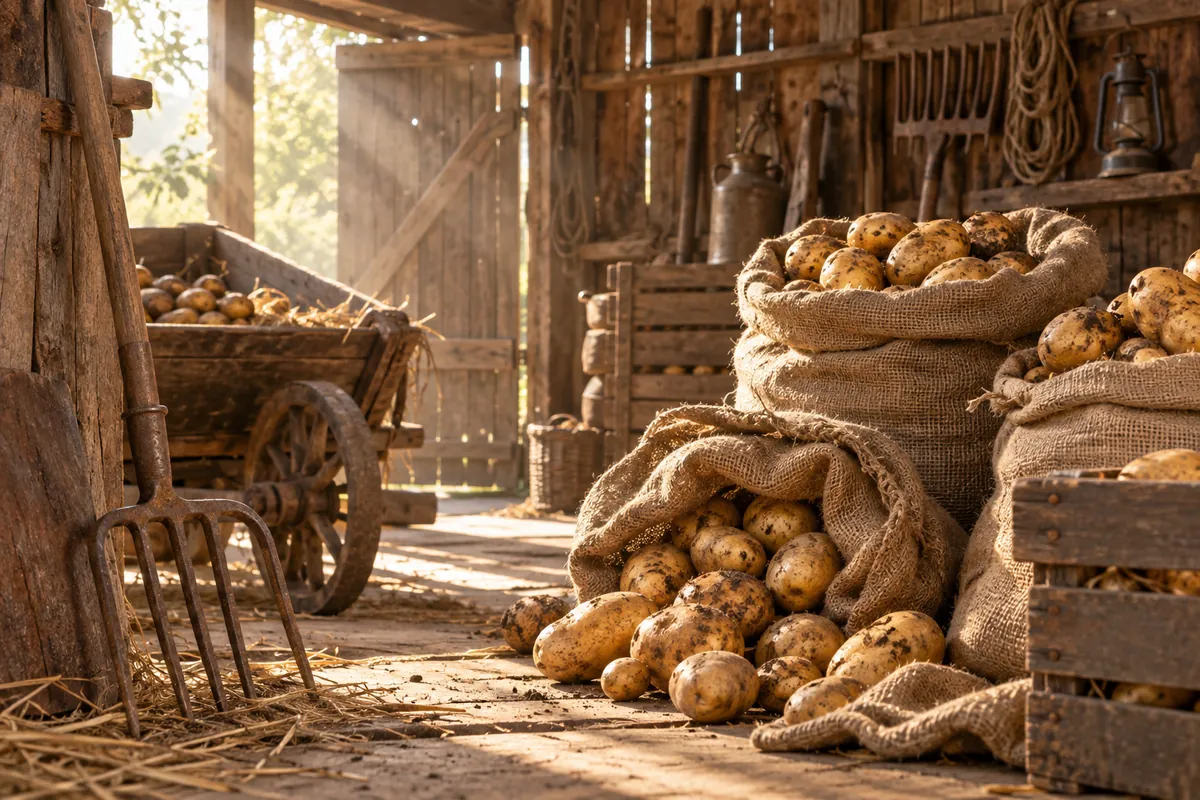 Grange ancienne avec sacs de jute remplis, souvenir de l’histoire de la pomme de terre dans les campagnes