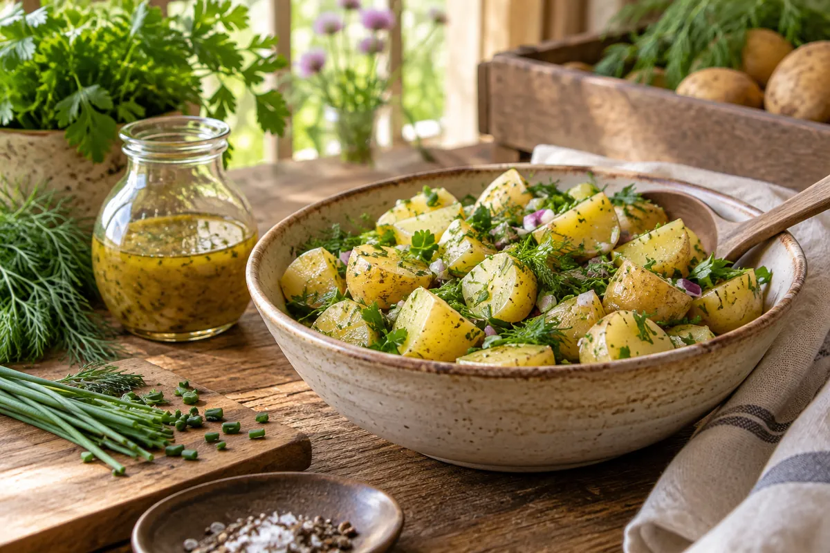 Salade de pommes de terre refroidies aux herbes, riche en amidon résistant, exemple de nutrition de la pomme de terre