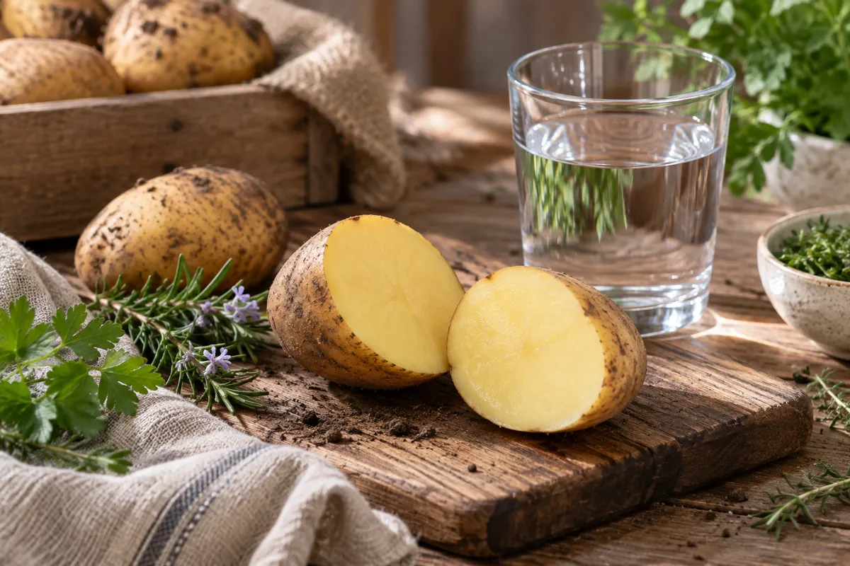 Pomme de terre crue coupée en deux à côté d’un verre d’eau, illustrant la nutrition de la pomme de terre riche en eau