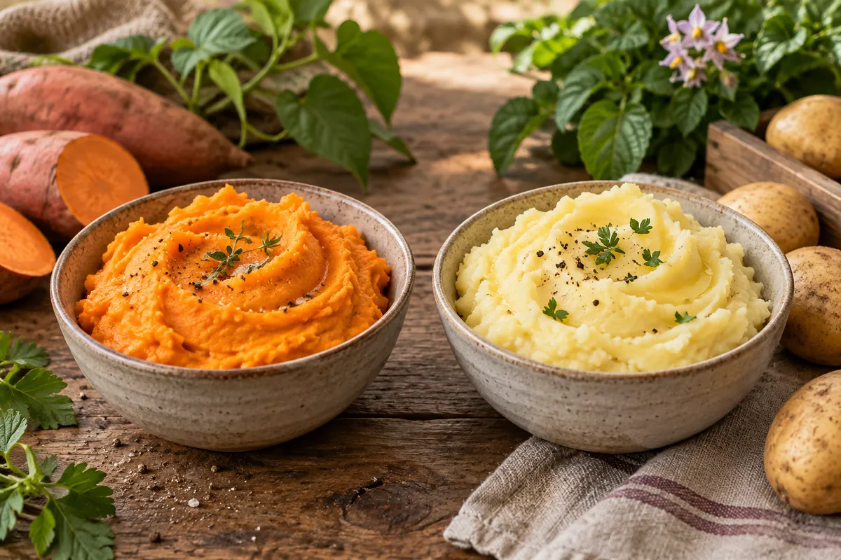 Deux bols de purée, orange de patate douce et jaune de pomme de terre, côte à côte