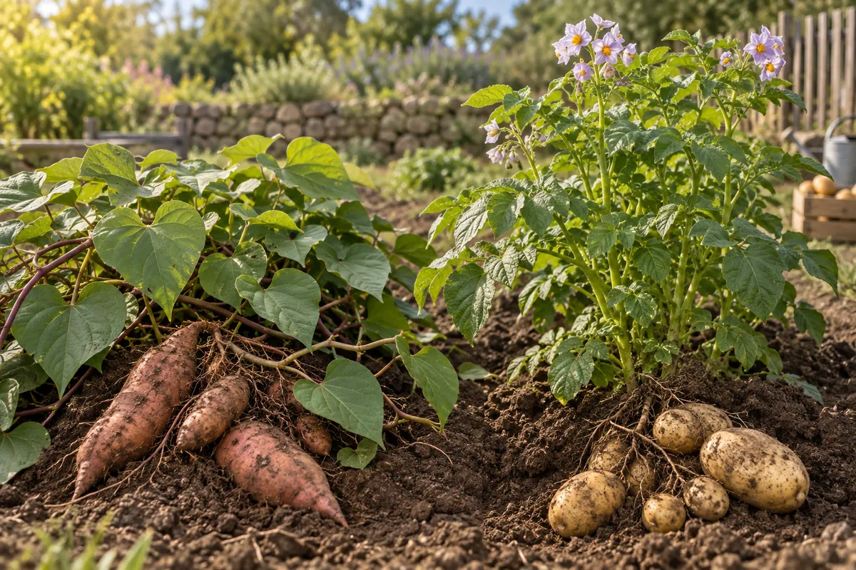Plant de patate douce aux tiges rampantes à côté d’un pied de pomme de terre en fleurs au potager