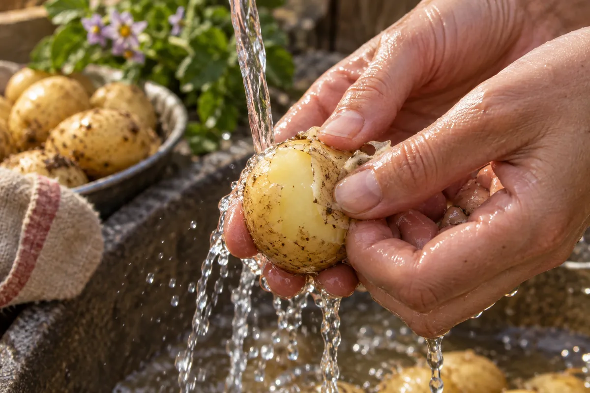 Pouce faisant glisser la peau fine d’une pomme de terre primeur sous l’eau du robinet