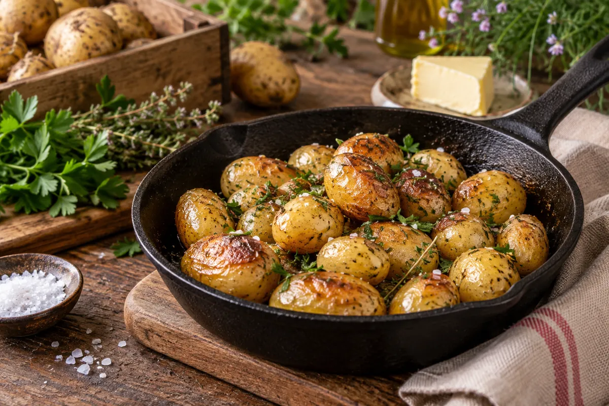 Poêlée de grenailles pommes de terre primeurs dorées au beurre, ail et thym