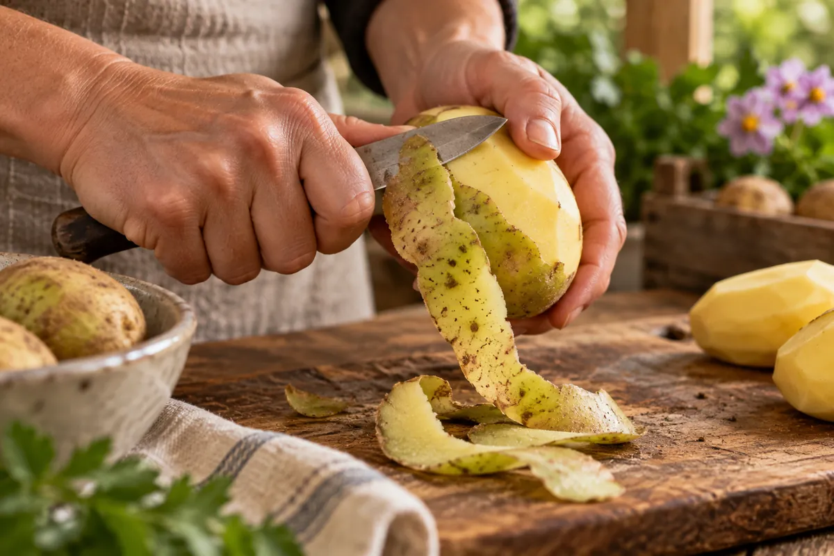 Couteau épluchant largement une pomme de terre verte pour retirer la partie verdie