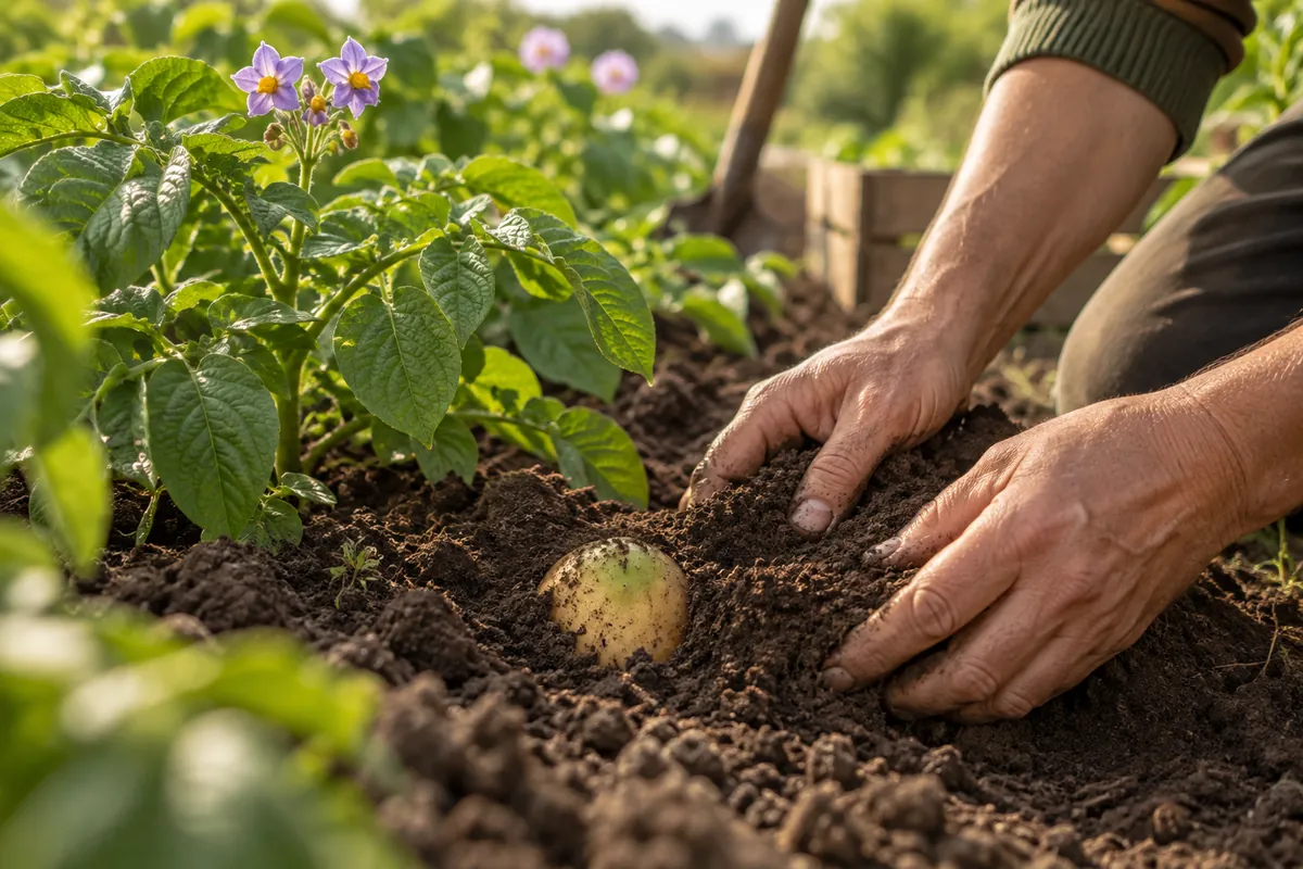 Mains recouvrant de terre un tubercule pour éviter la pomme de terre verte au potager