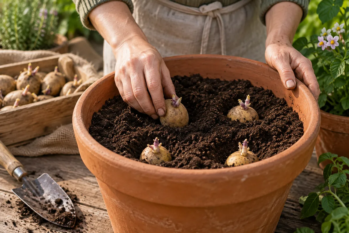Plantation de pommes de terre en pot : plants germés déposés dans un pot en terre cuite