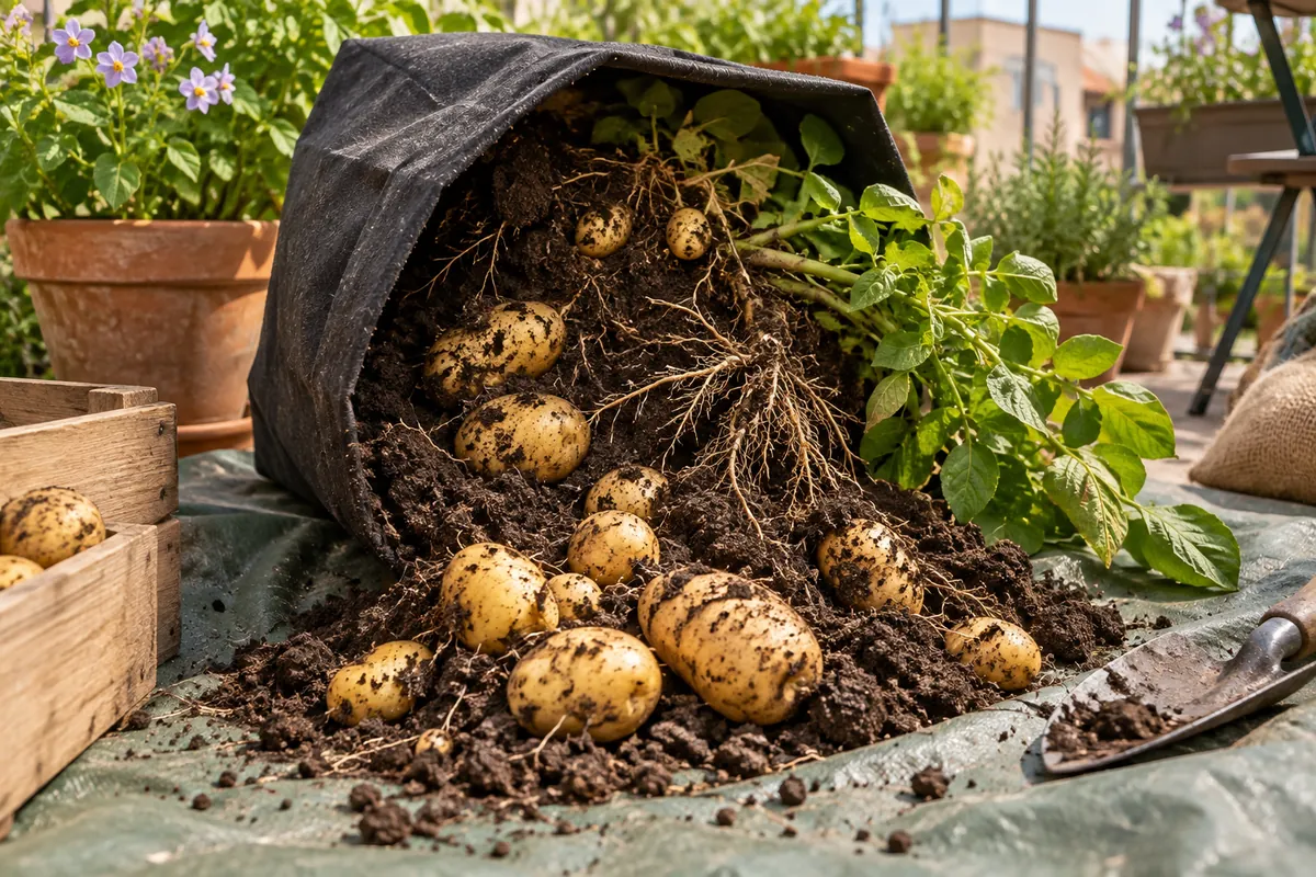 Récolte de pommes de terre en pot : sac de culture renversé révélant les tubercules