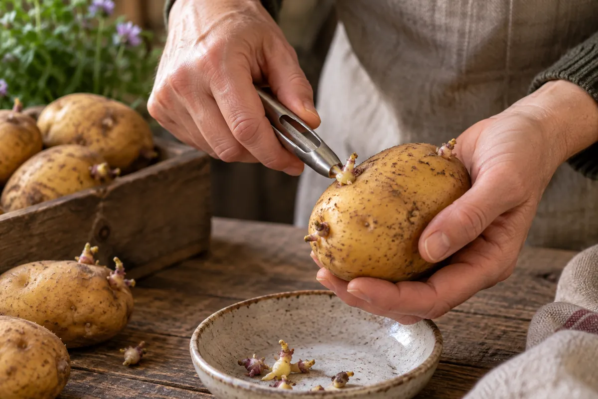 Main retirant un germe de pommes de terre germées avec un économe