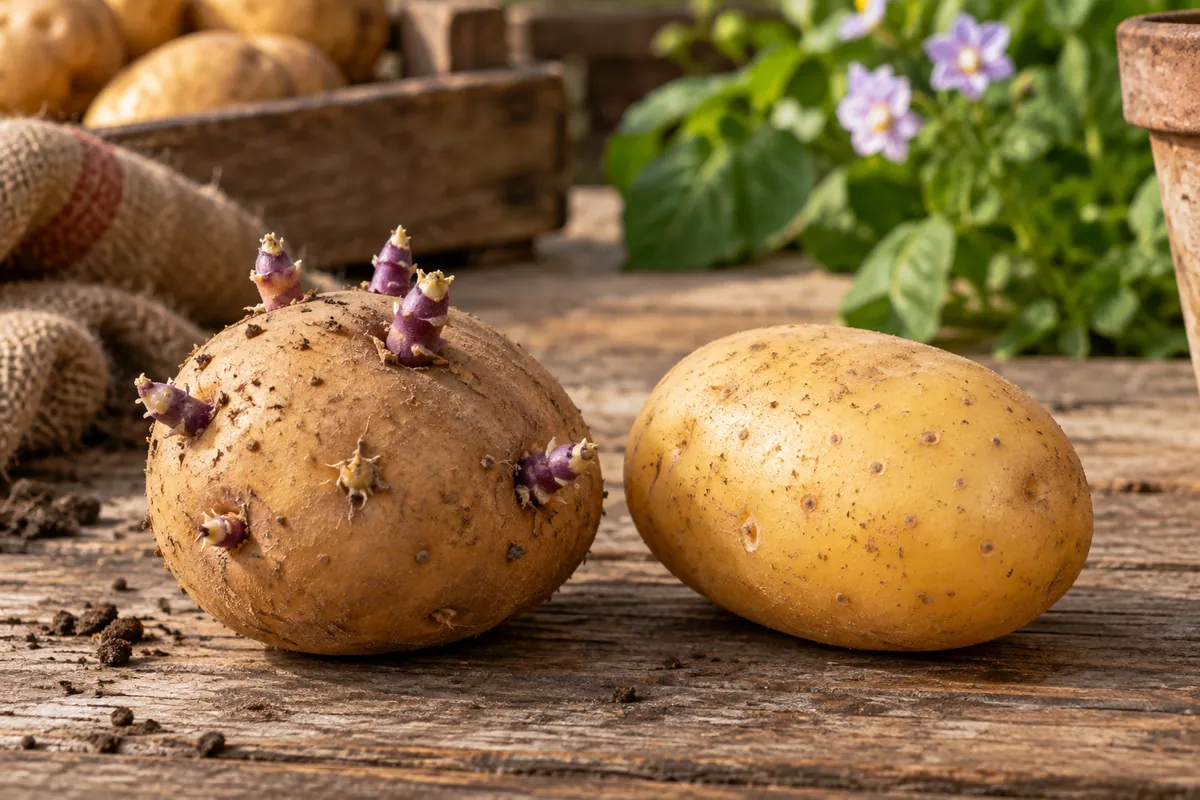 Pomme de terre germée à germes courts à côté d’une pomme de terre ferme et lisse