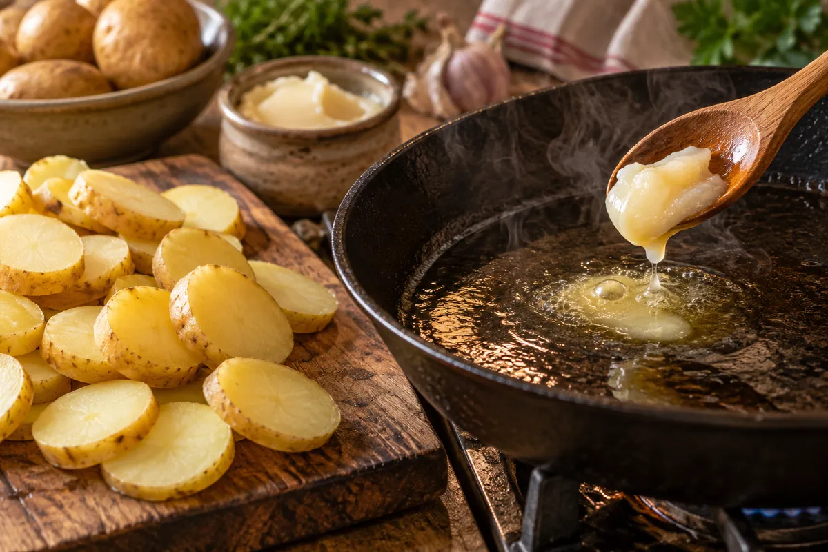 Graisse de canard fondant dans la poêle avant les pommes de terre sautées précuites